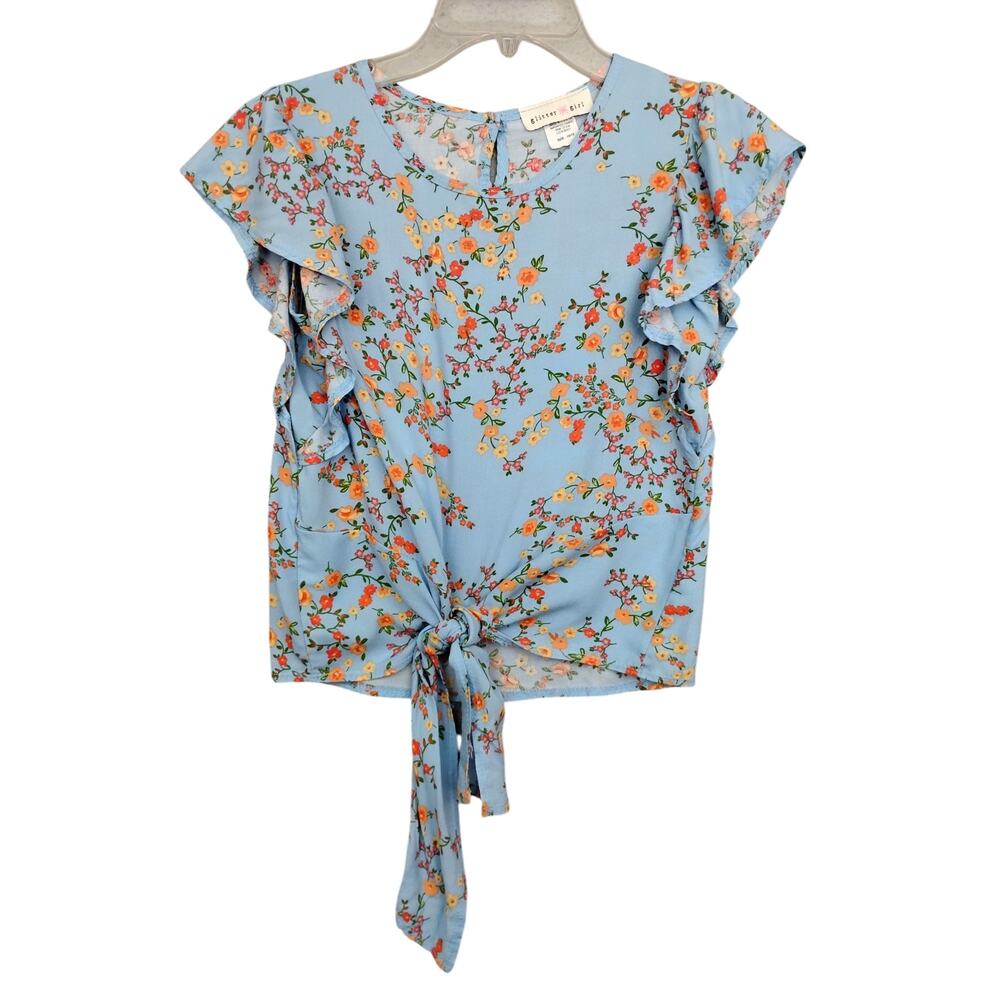 Glitter Girl Girls Blouse Size 10/12 Light Blue Floral Print Tie at Waist